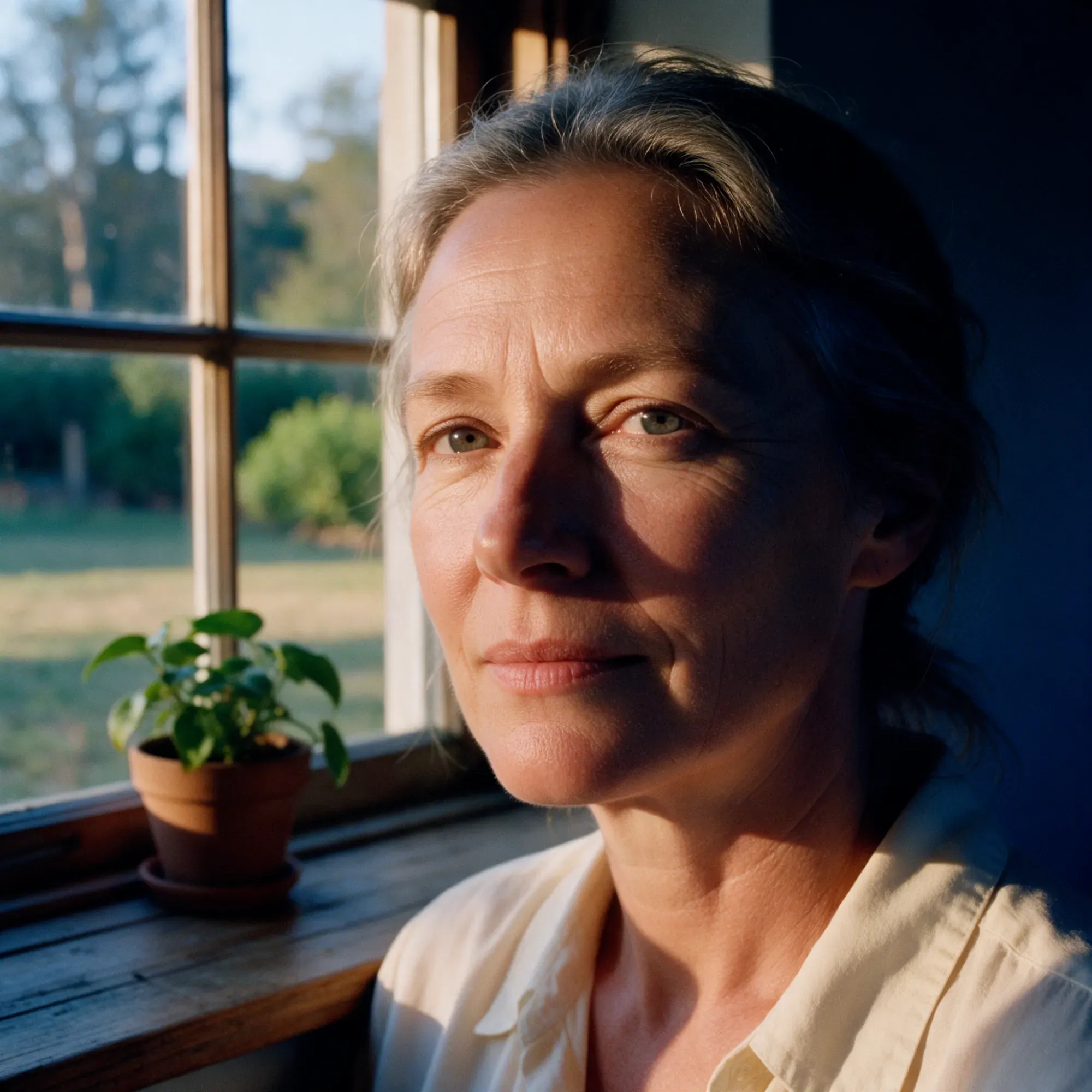 A woman in her mid-fifties by a window in warm morning light