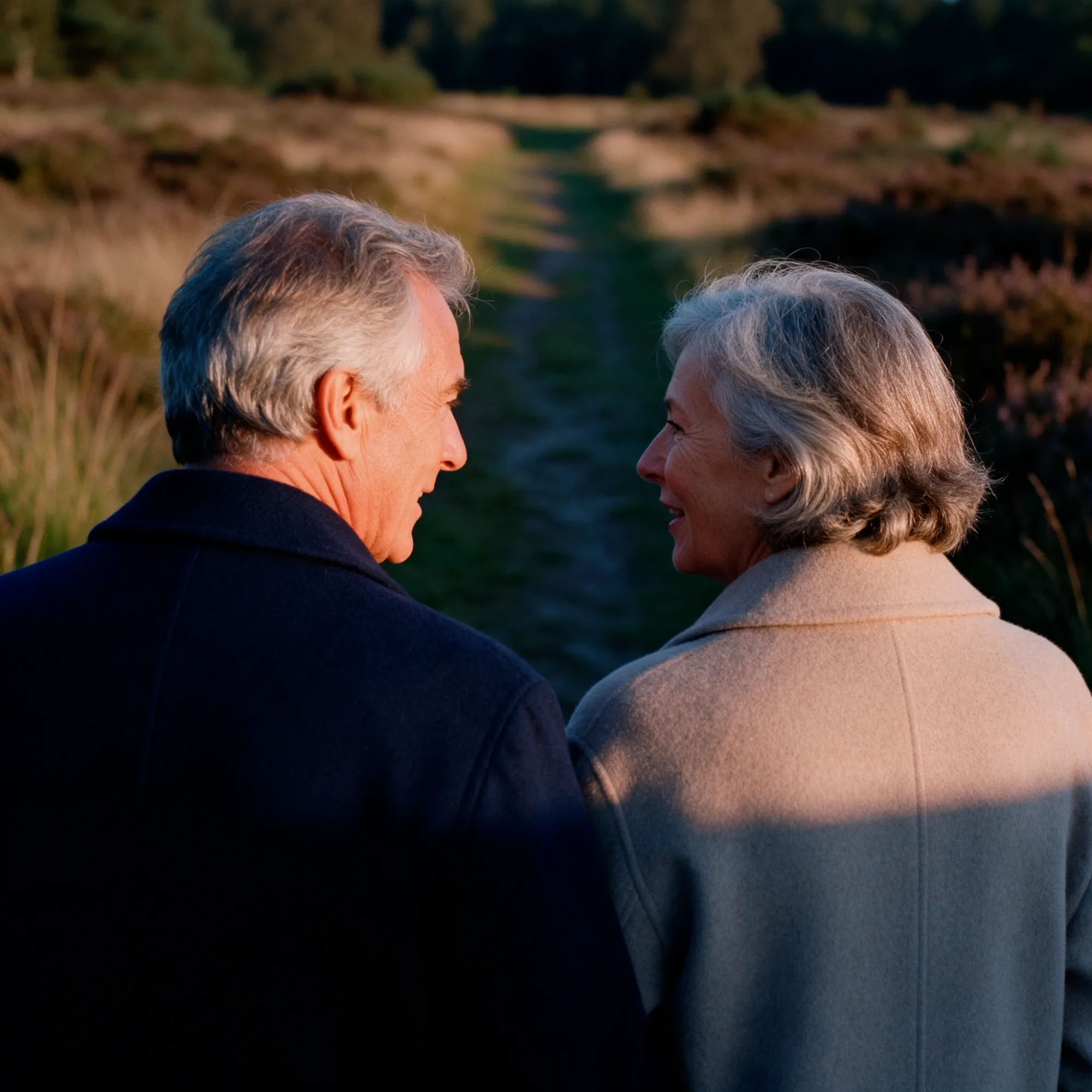 A man and a woman in their early sixties walking a field path together at golden hour