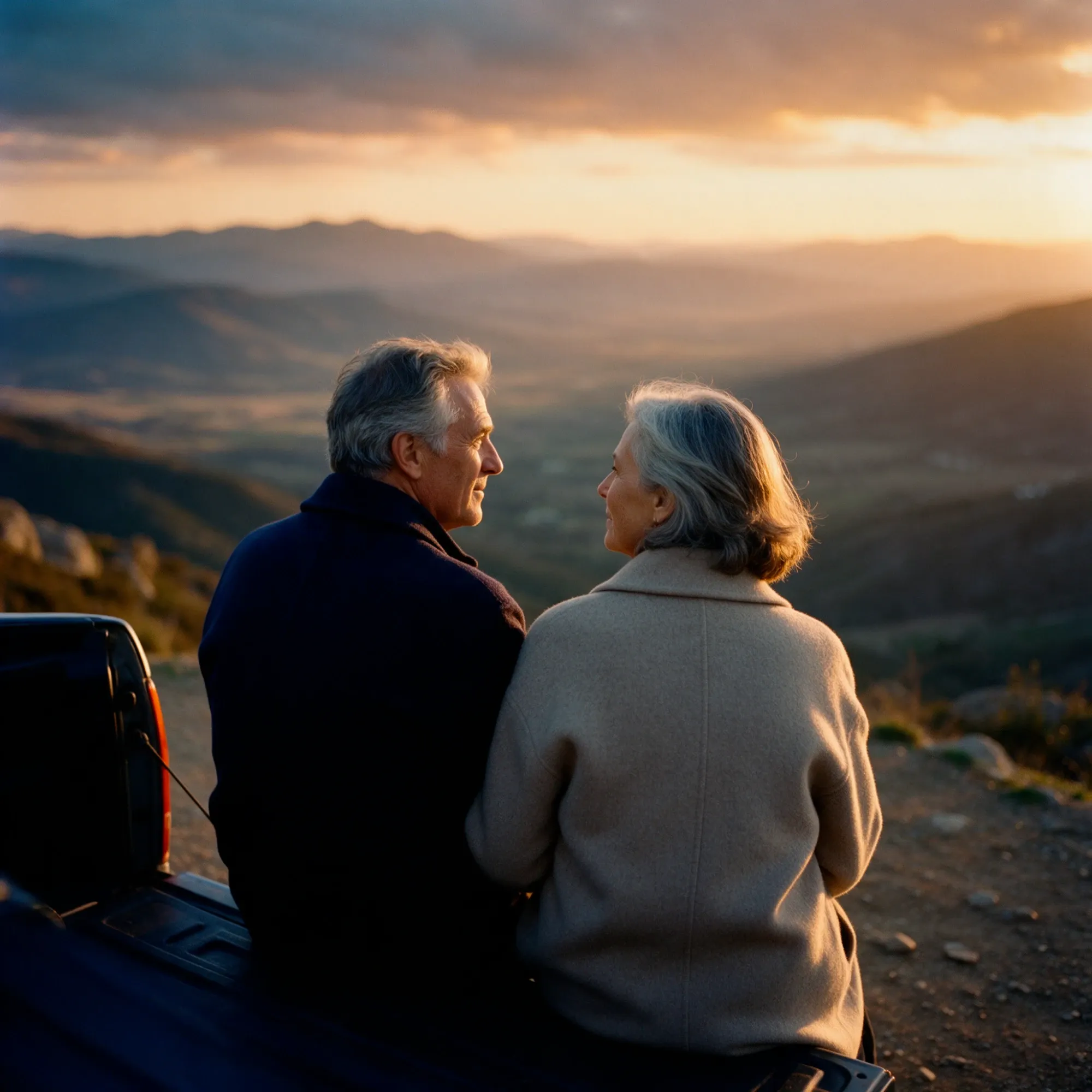 A man and a woman in their late fifties sitting on the tailgate of a parked car at a hillside lookout at golden hour