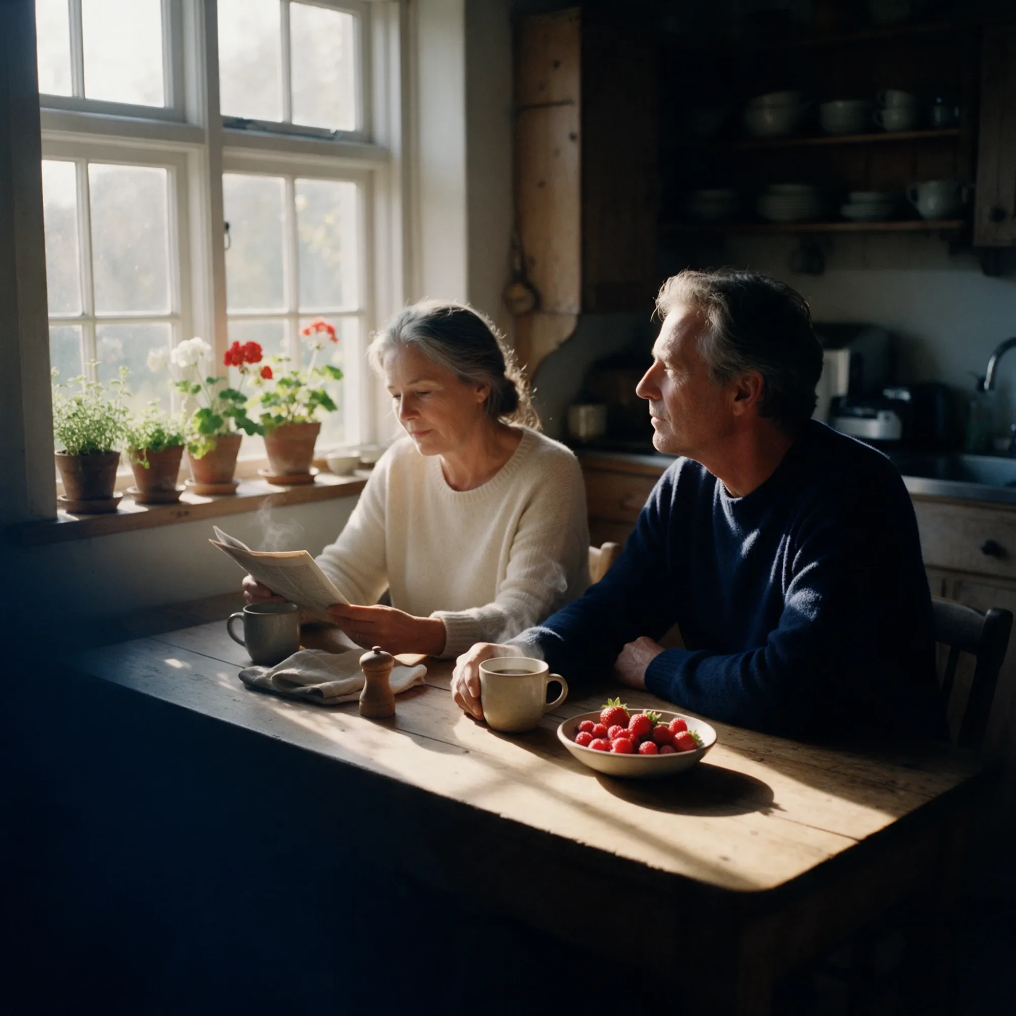A man and a woman in their mid-fifties at the same kitchen table in the morning, each occupied with their own thing