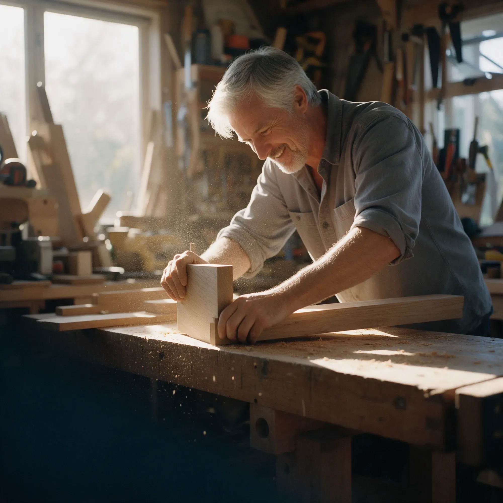 A man in his mid-fifties working at a bench in a home workshop in morning light