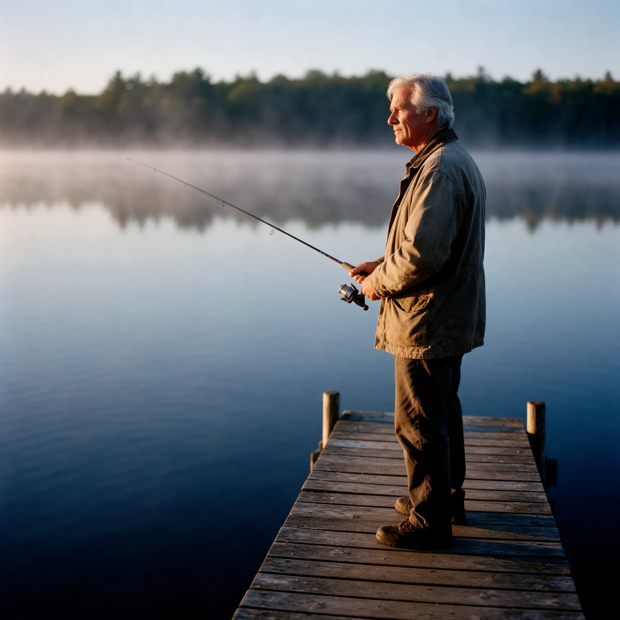 A man in his early sixties fishing from a wooden dock at dawn