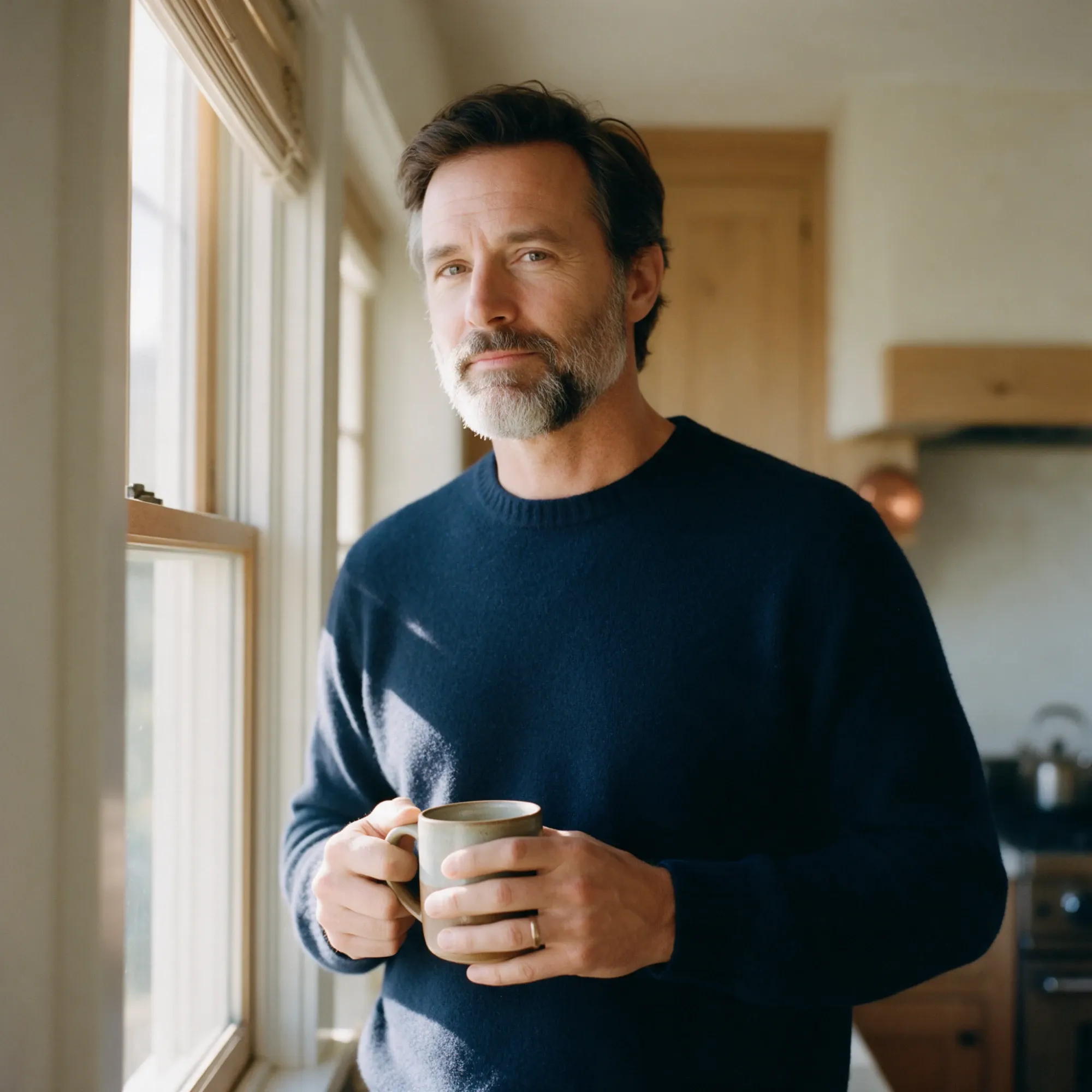 A man in his fifties pausing at a kitchen window in the late morning, holding a mug, looking out