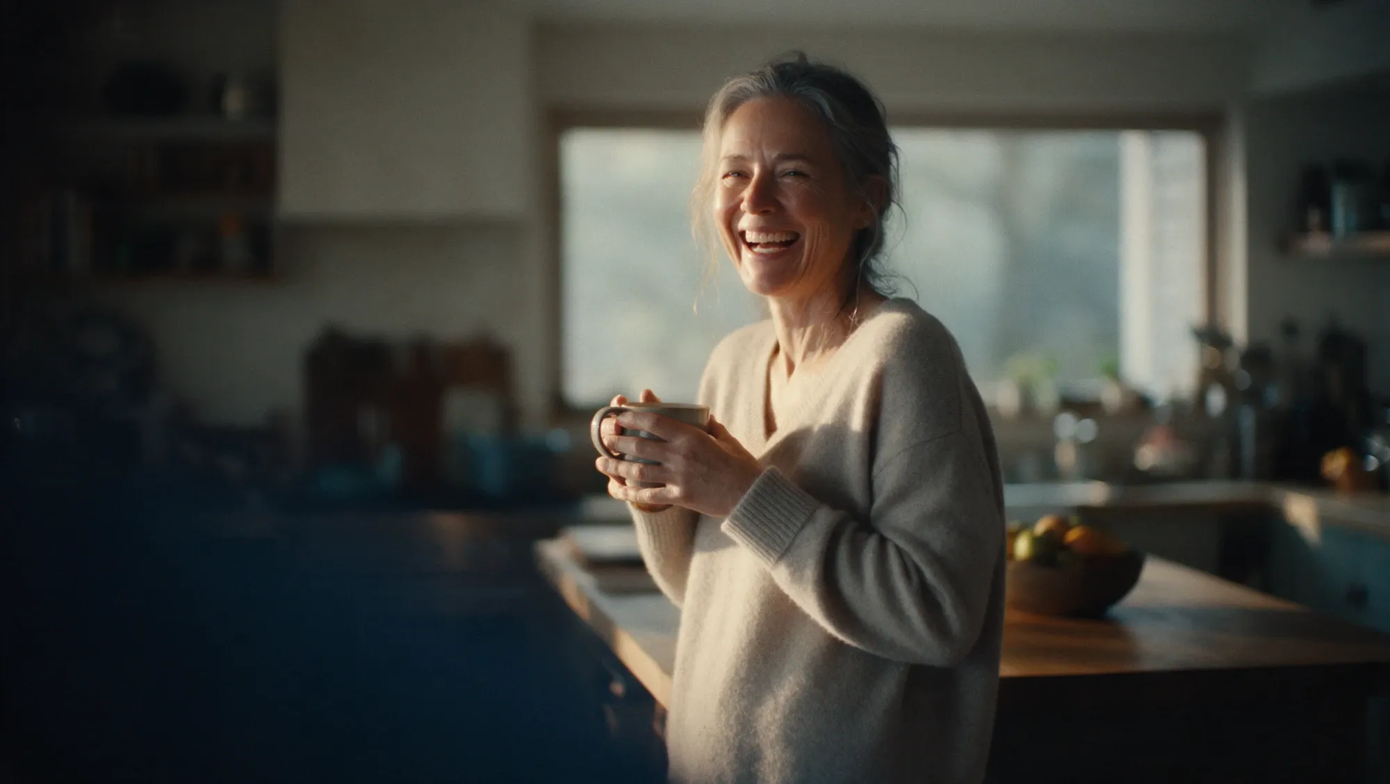 A woman in her mid-fifties laughing in a warm kitchen in the morning, holding a mug in both hands