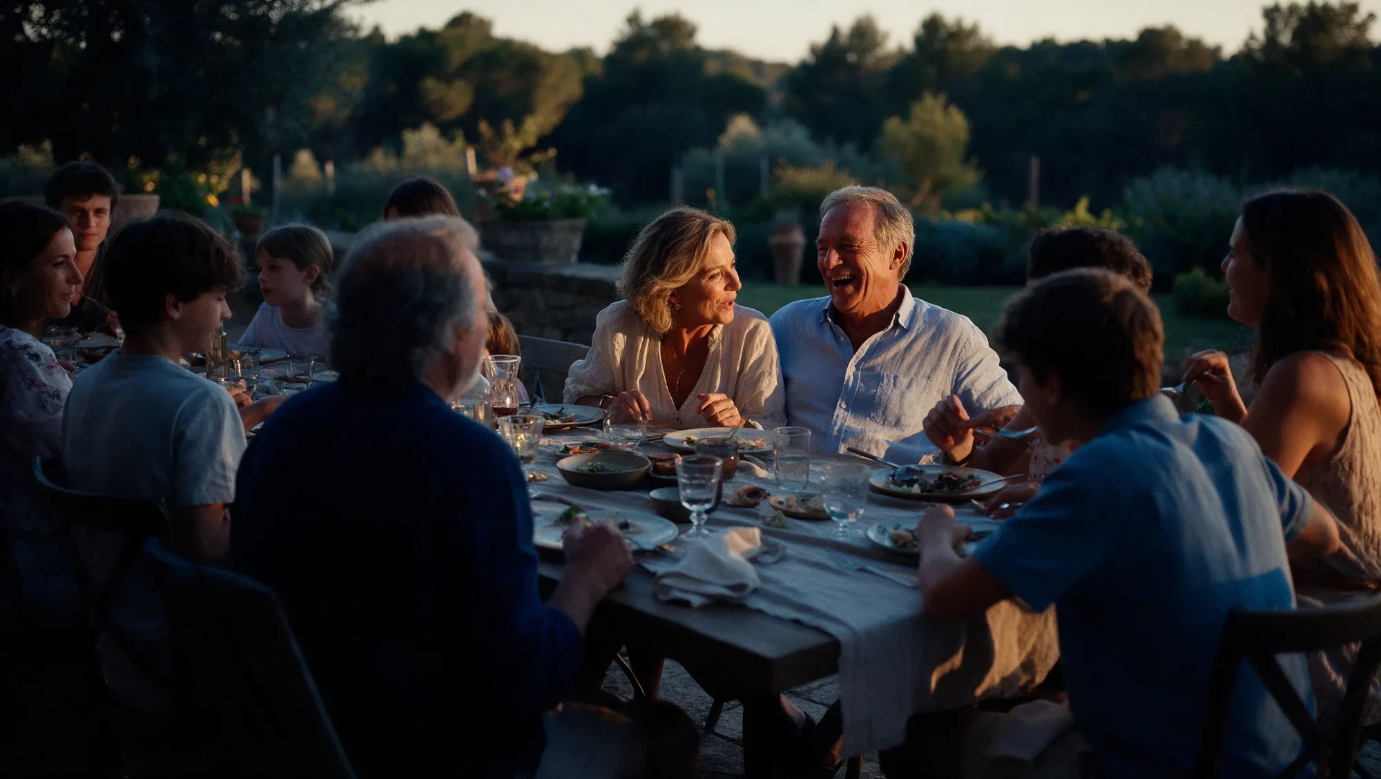 A couple in their late fifties laughing together at a long outdoor family dinner table at dusk
