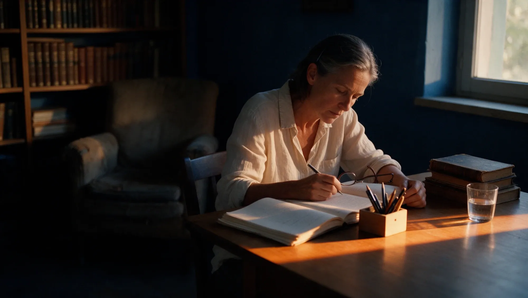 A woman in her mid-fifties absorbed in writing at a wooden table in a quiet room, late afternoon light
