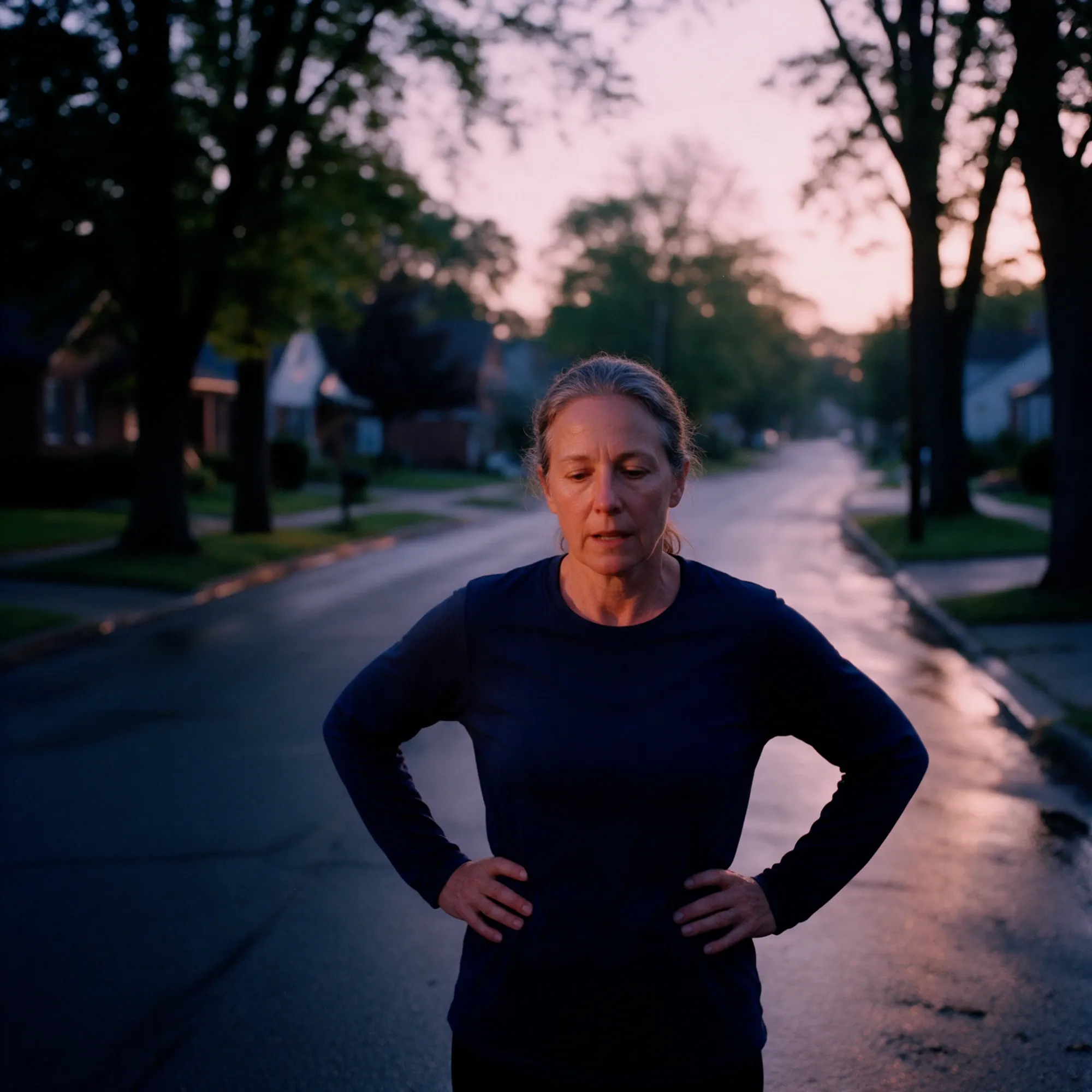 A woman in her mid-fifties on a quiet street at dawn after a run, hands on her hips, catching her breath
