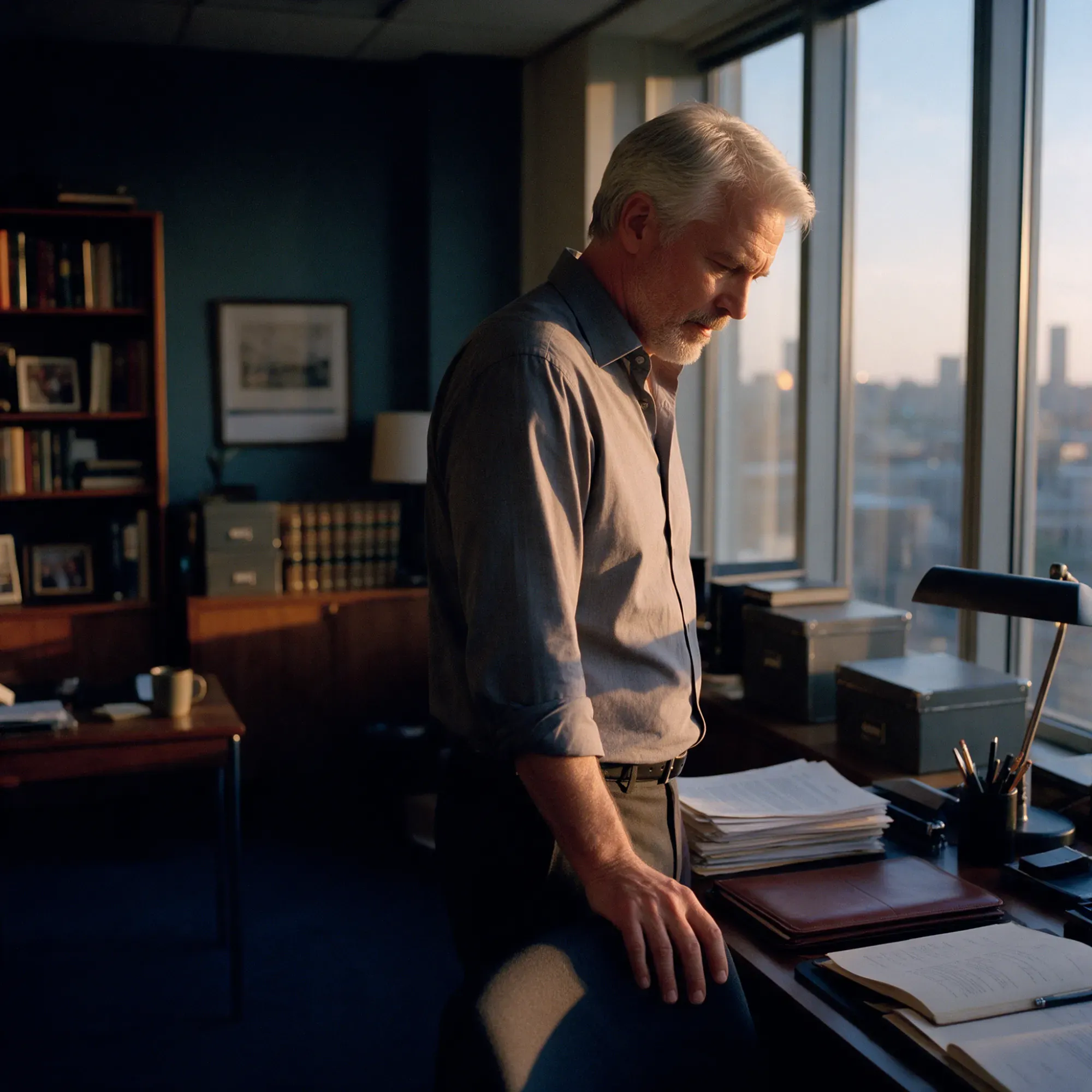 A man in his mid-fifties pausing at his desk late in the working day, hand resting on a chair