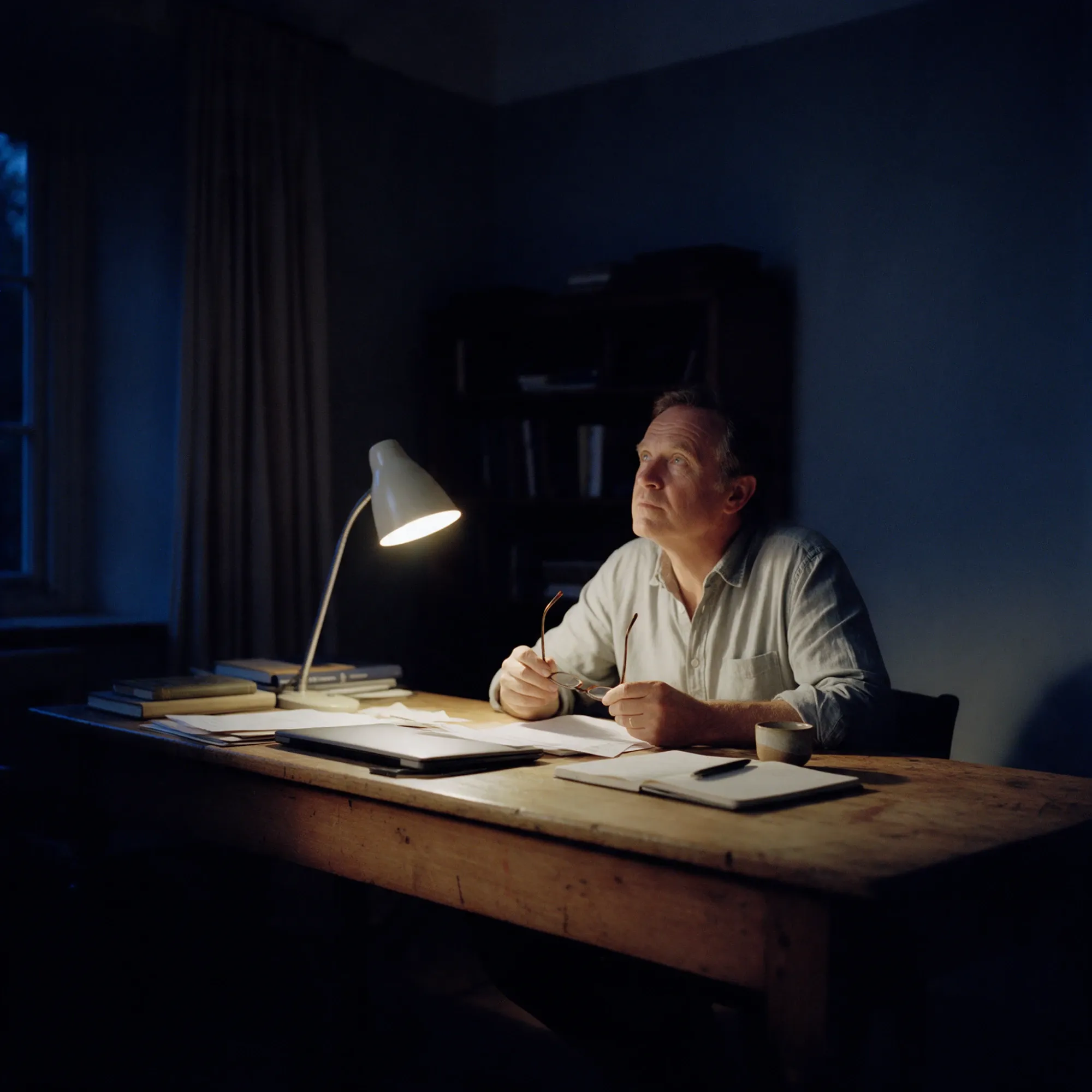 A man in his mid-fifties at a desk in the evening, glasses in hand, looking up and holding a thought