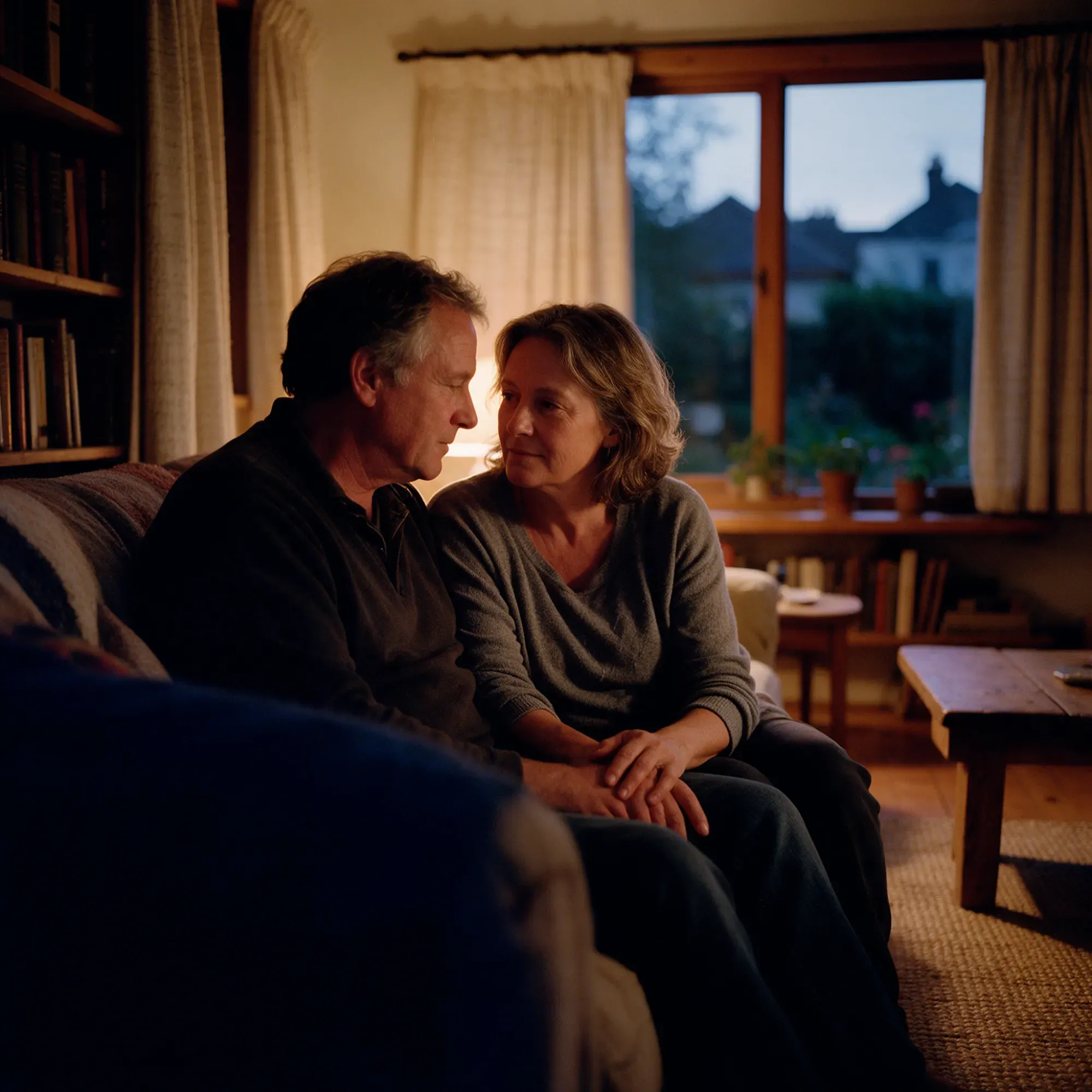 A couple in their mid-fifties sitting close together on a sofa in a warm living room in the evening