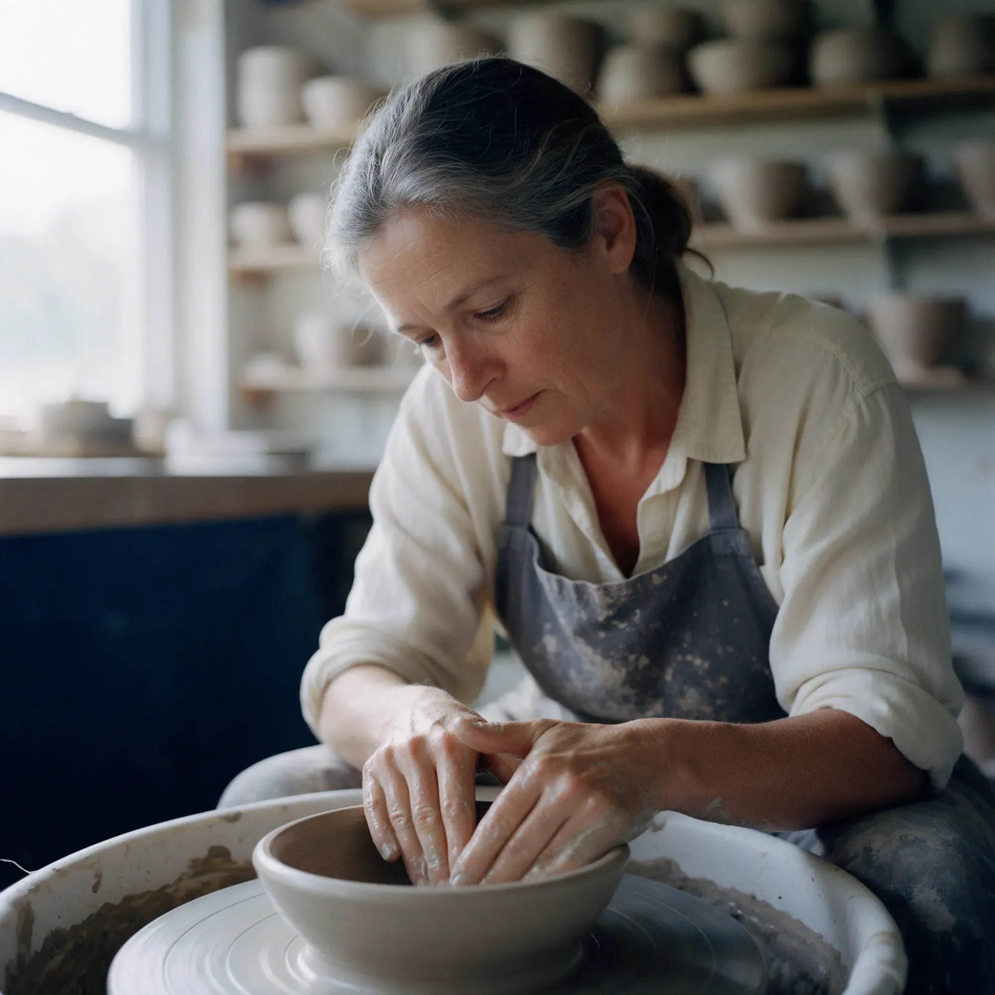 A woman in her mid-fifties shaping a bowl at a potter's wheel in a daylit studio