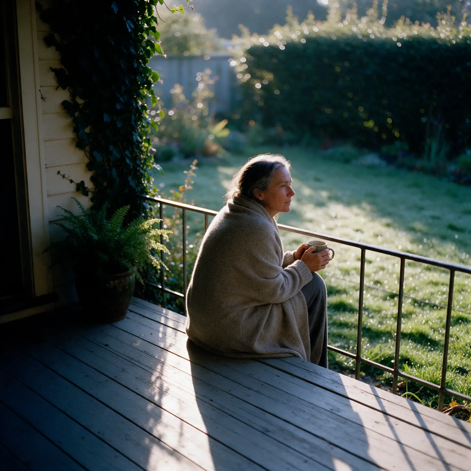 A woman in her early fifties on a porch at first light, wrapped in a cardigan with a mug