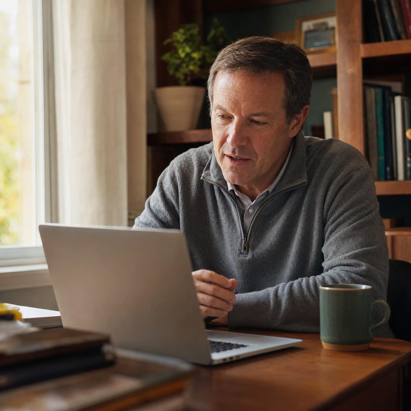 A physician on a telemedicine video call from a warm home office