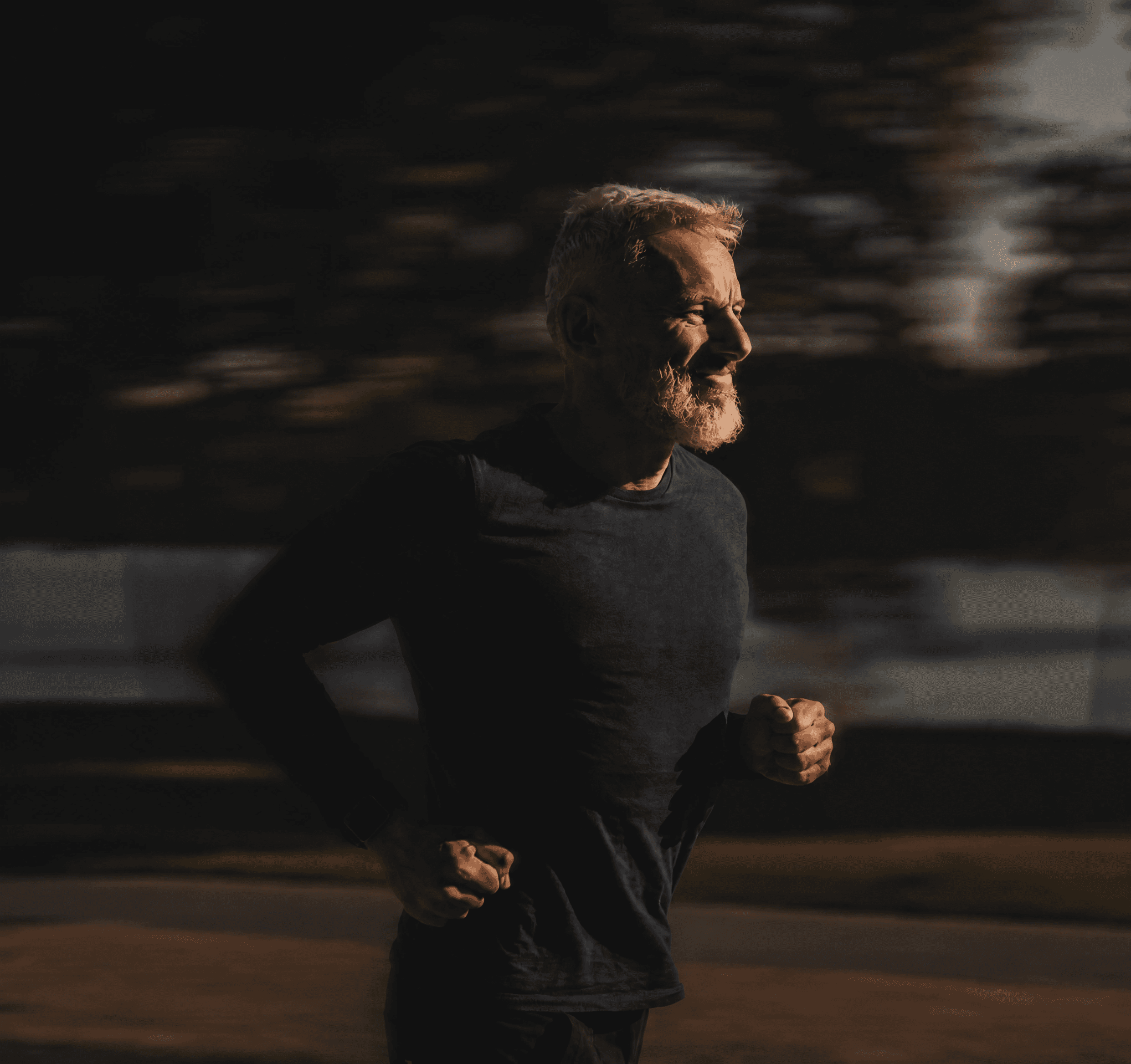 A patient running outdoors at dusk