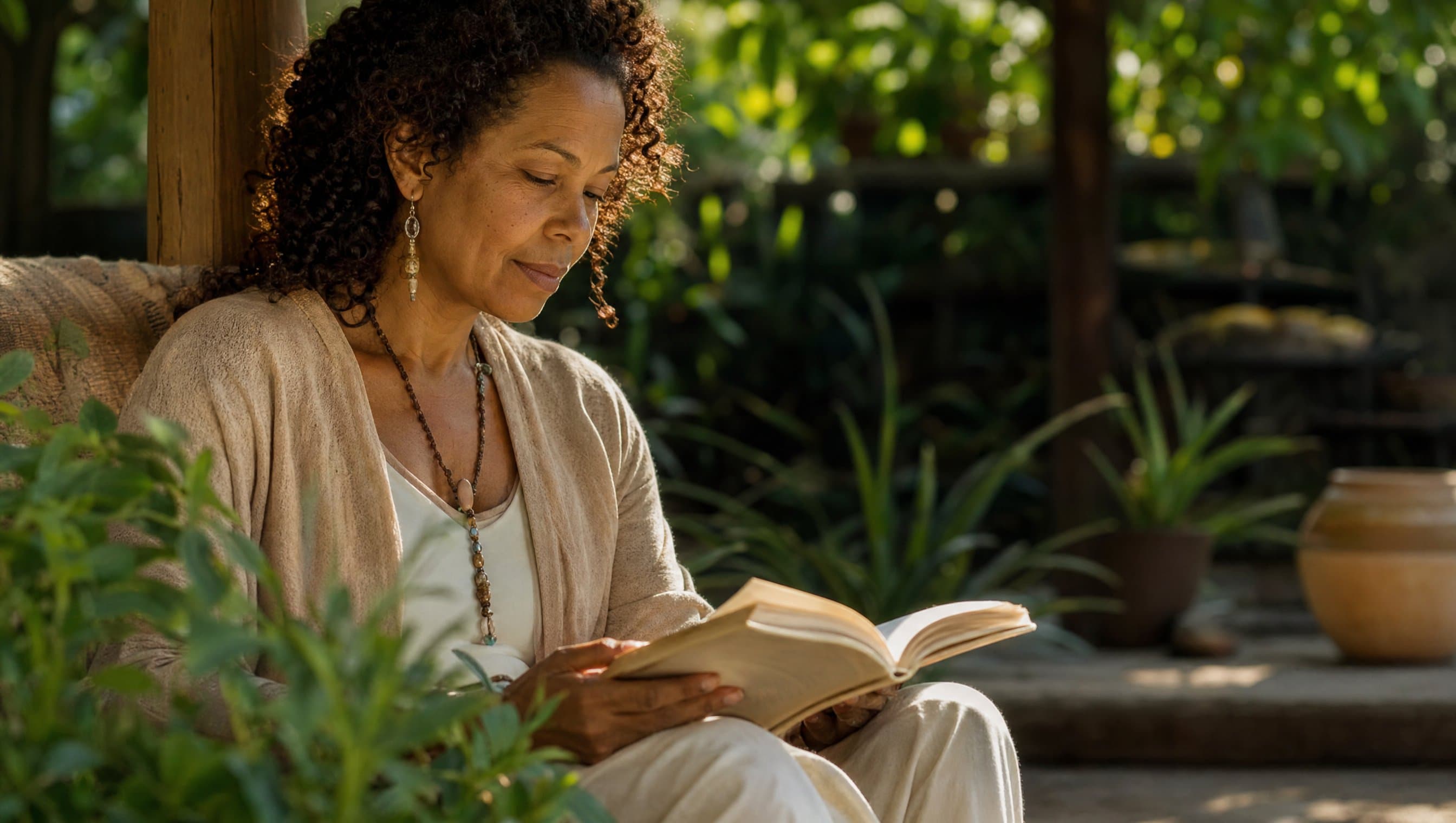 Person reading outdoors in dappled sunlight