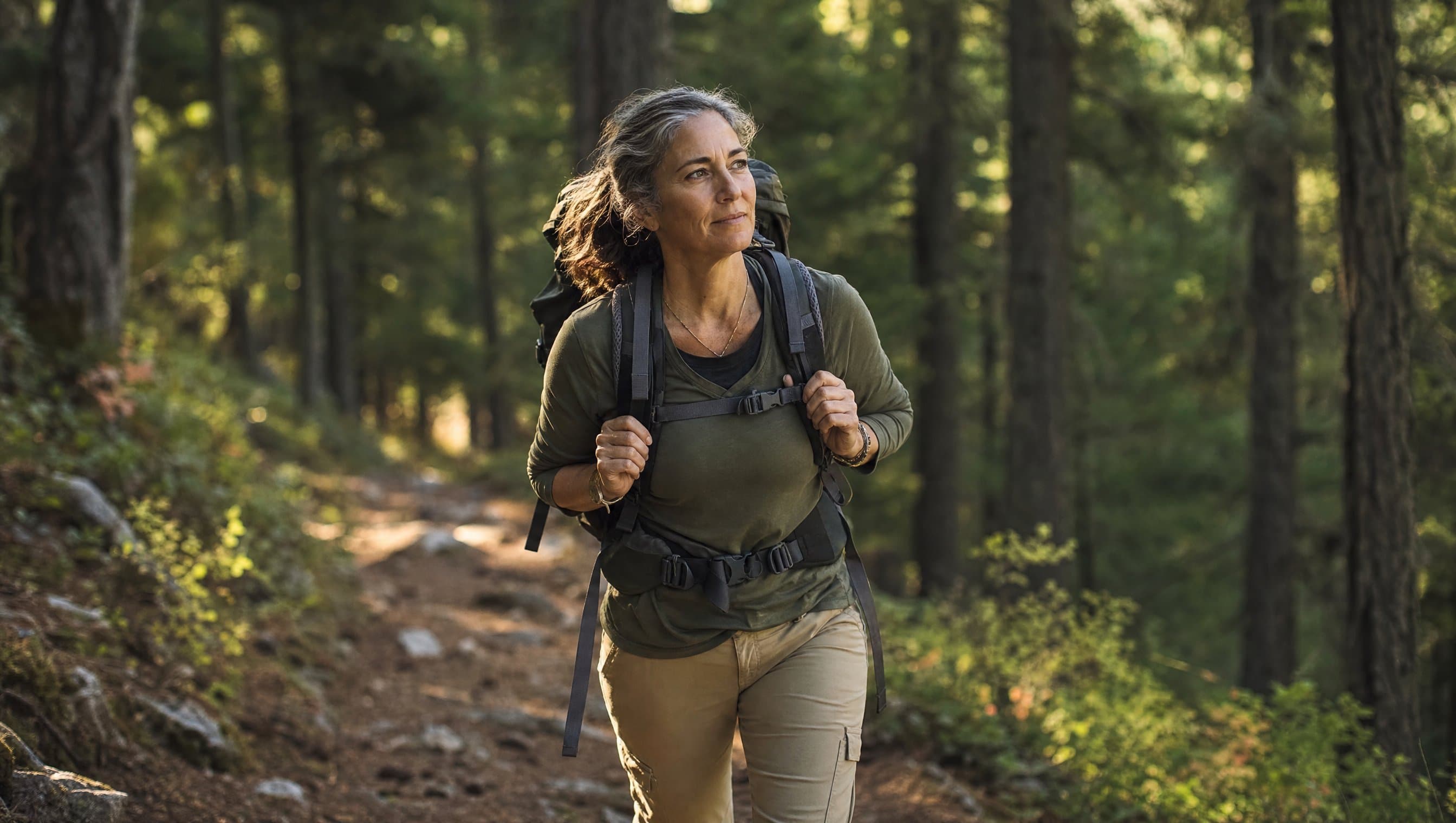 Person hiking a forest trail with a loaded backpack