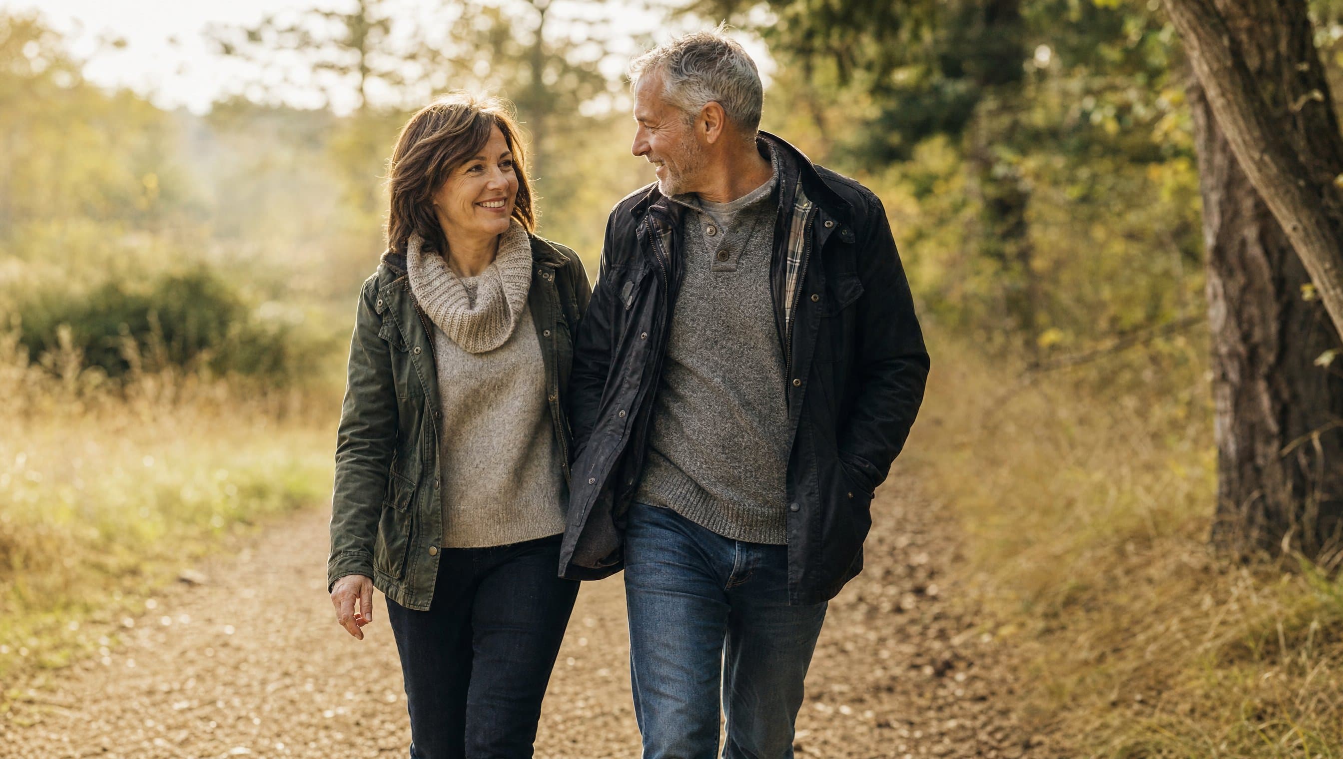 A mature couple walking together outdoors