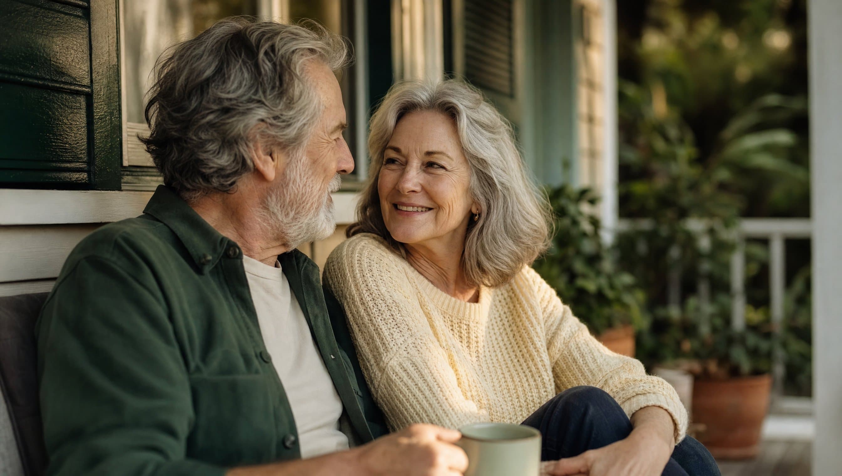 A mature couple sitting together on a porch