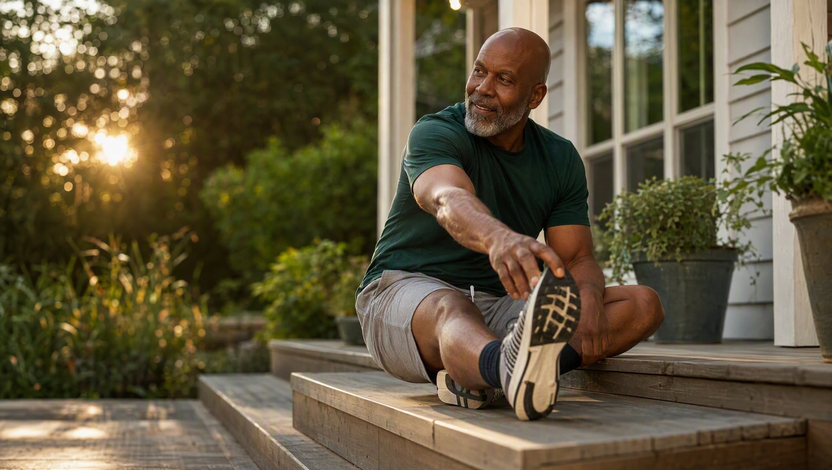 Person stretching outdoors after exercise at golden hour